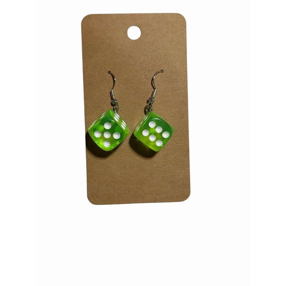 Green Translucent Dice Earrings Neon Lime Kitsch‎ Retro Dangle Fishhook Jewelry